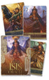 Four Isis Oracle cards by Alana Fairchild showing luminous Egyptian goddess artwork including Miracle of Isis and Lunar Queen, used for spiritual guidance and ritual.