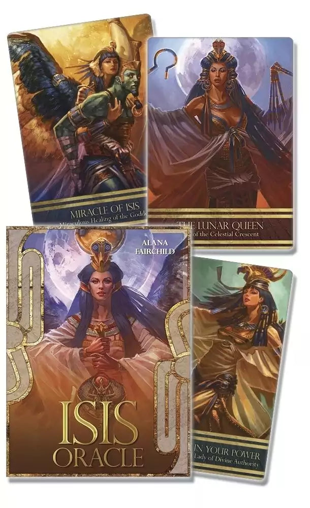 Four Isis Oracle cards by Alana Fairchild showing luminous Egyptian goddess artwork including Miracle of Isis and Lunar Queen, used for spiritual guidance and ritual.