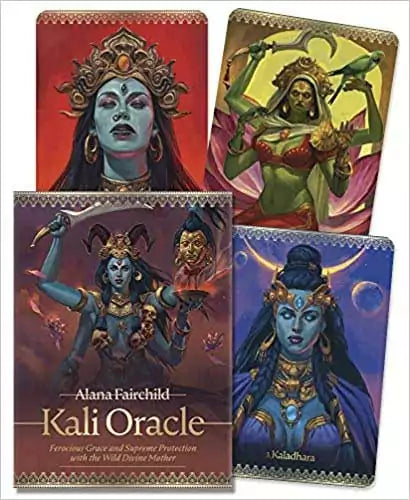 Kali Oracle deck by Alana Fairchild — spread of oracle cards featuring the Hindu goddess Kali in powerful dark goddess imagery for shadow work and spiritual liberation.