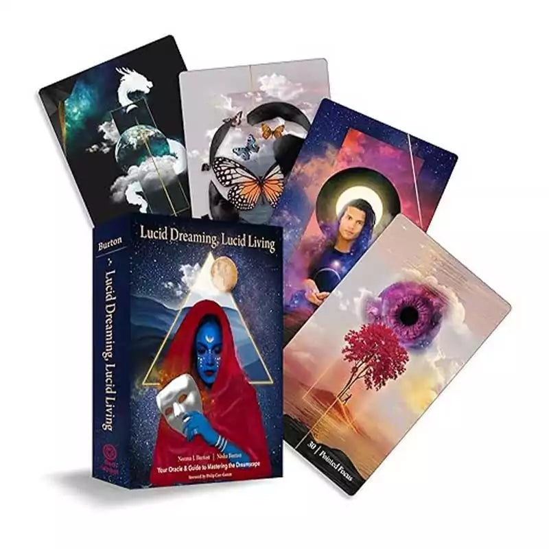 Lucid Dreaming Lucid Living deck and book set by Burton and Burton showing cover with dream imagery for conscious dreaming practice