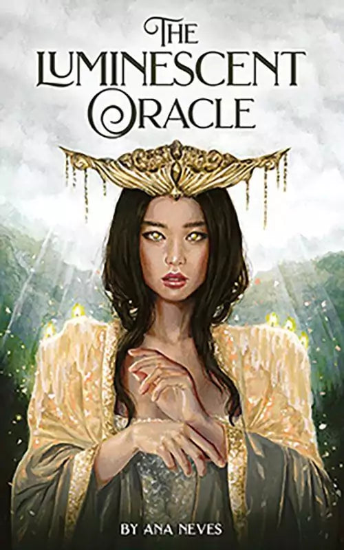 Luminescent Oracle card box featuring a woman with golden eyes in a regal crown and flowing golden robe, title and author Ana Neves displayed, for 44-card deck.