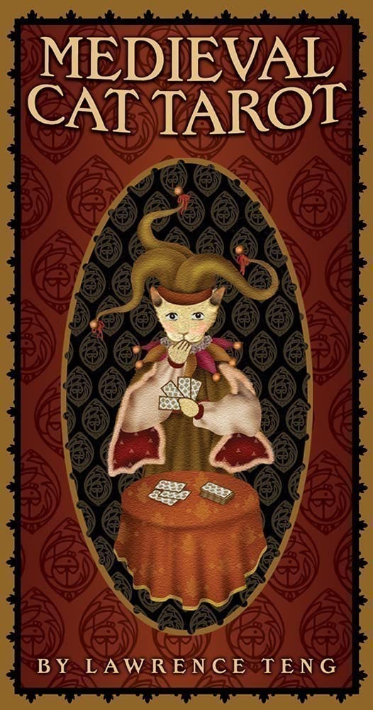 Medieval Cat Tarot card featuring a cat dressed in medieval attire seated at a table with tarot cards — whimsical richly ornamented illustration by Pace &amp; Teng.