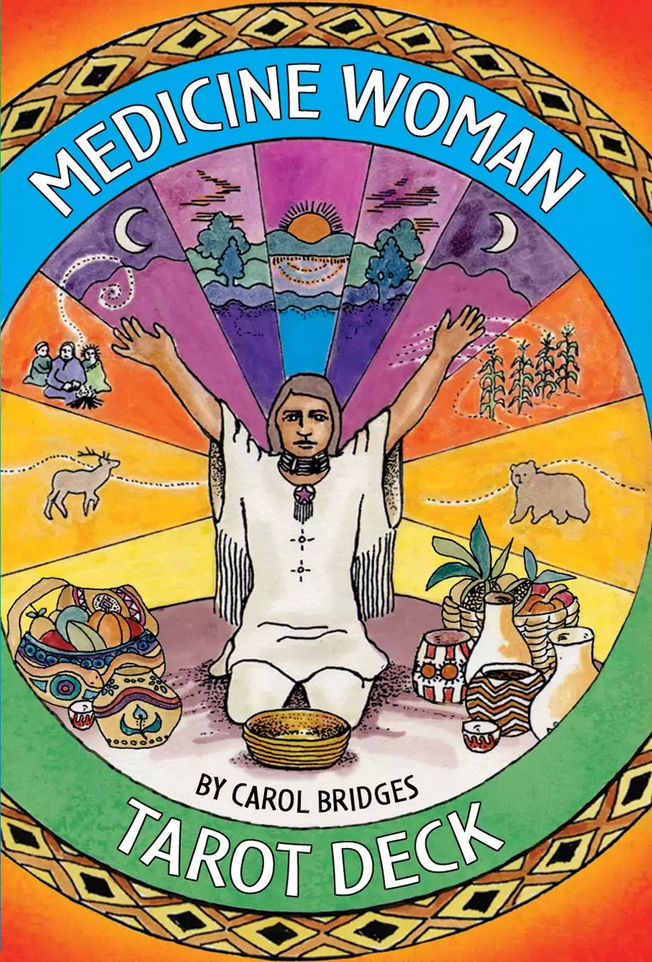 Medicine Woman Tarot deck by Carol Bridges showing box and illustrated cards with earth-centred indigenous-inspired nature imagery