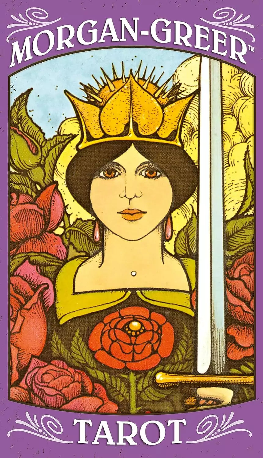 Morgan-Greer Tarot card showing a regal figure with crown and sword surrounded by roses — vivid close-up RWS-based illustration from the classic 1979 deck.