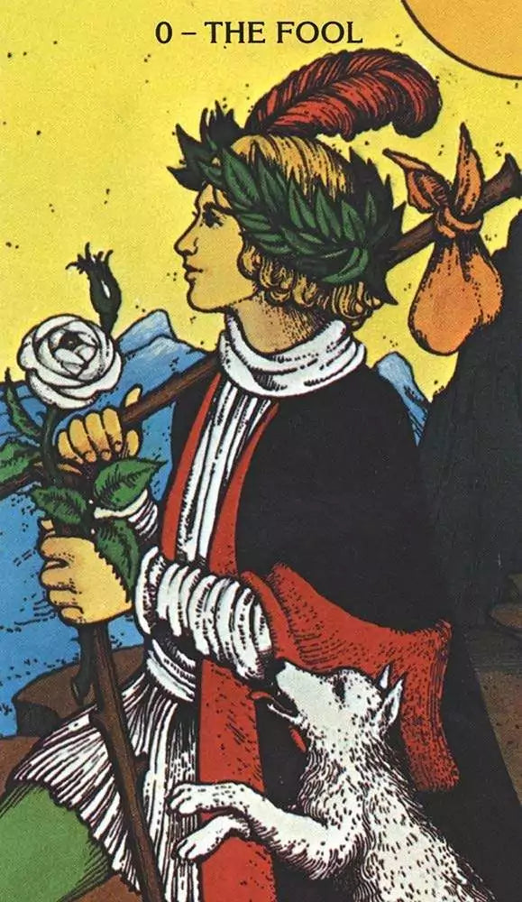 Morgan-Greer Tarot Fool card — youthful figure with laurel wreath holding rose and staff accompanied by a small dog against colorful backdrop.