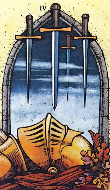 Morgan-Greer Tarot Three of Swords card — three swords arranged vertically above a knight&