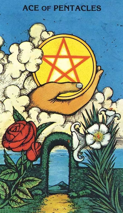 Morgan-Greer Tarot Ace of Pentacles card — hand holding golden pentacle with clouds, flowers, and scenic archway in the background.