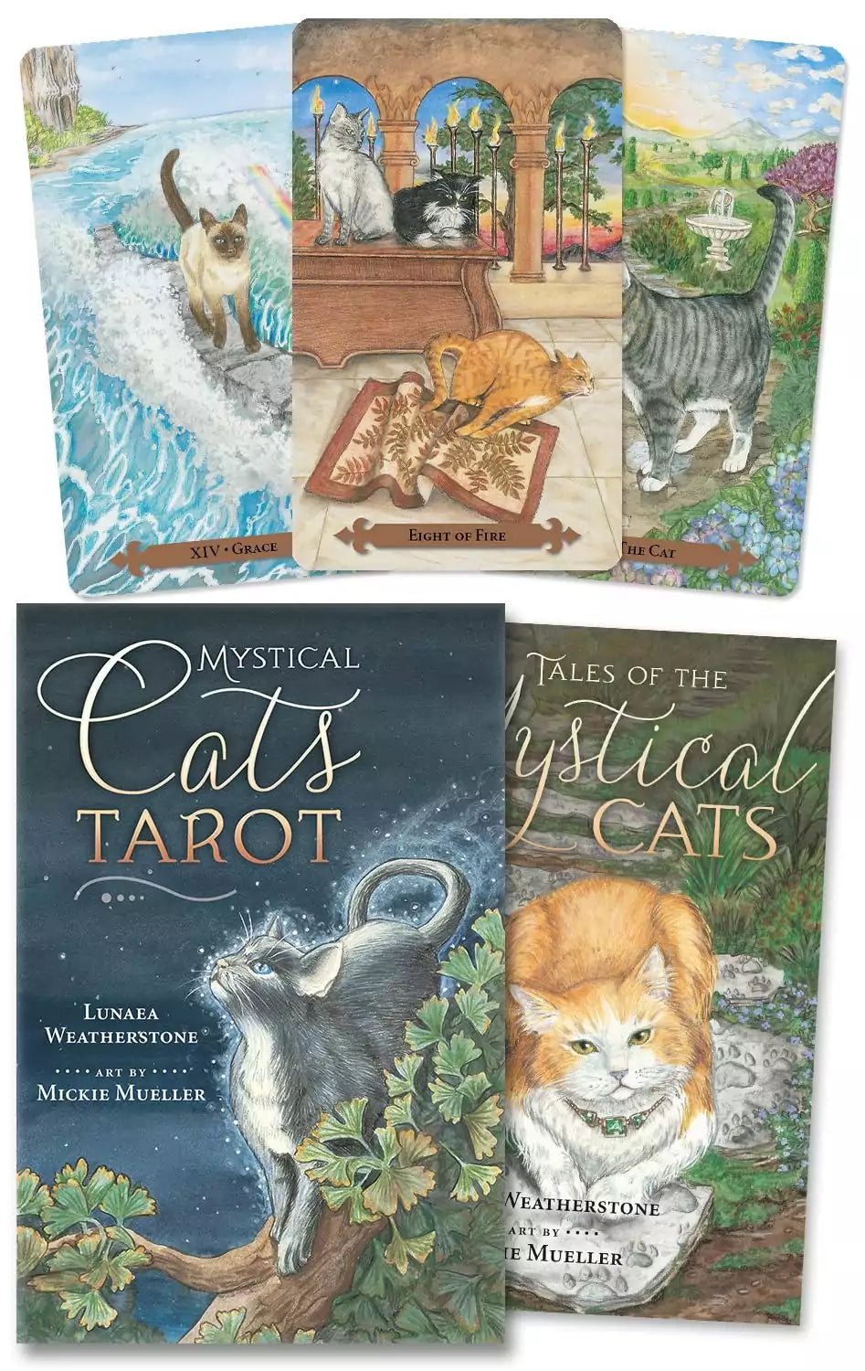 Mystical Cats Tarot deck by Weatherstone and Muller spread showing illustrated cat archetypes on each card