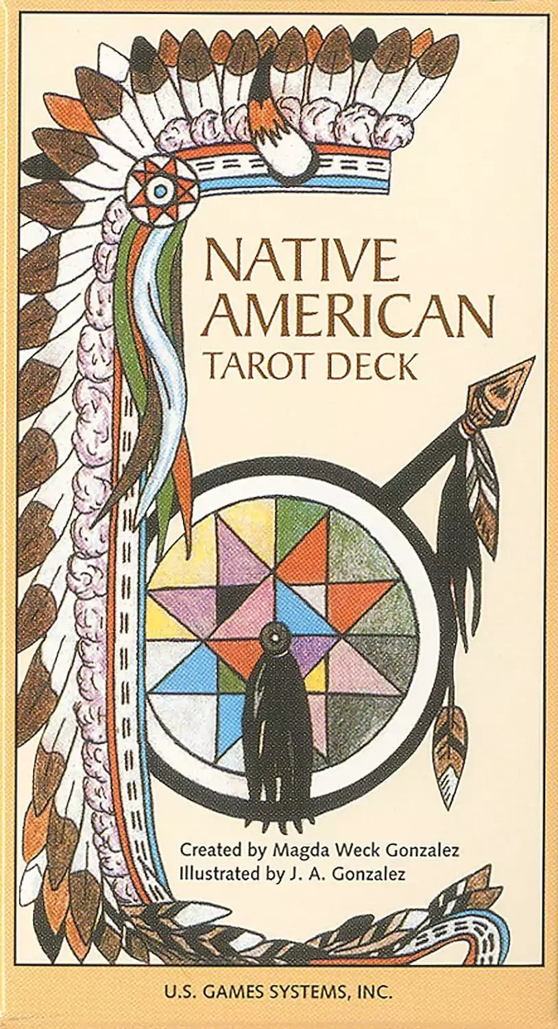 Native American Tarot deck cover showing a geometric circular design with a standing figure and bold &