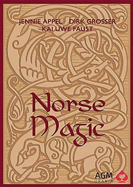 Norse Magic oracle deck box with intricate Norse-inspired ornamental designs, title in bold letters on a warm beige background with geometric knotwork motifs.