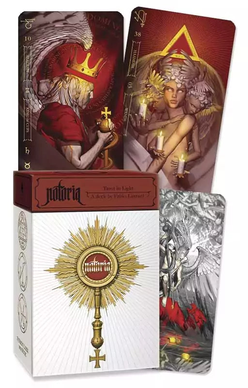 Deck of Notoria Tarot in Light cards by Fabio Listrani featuring luminous intricate classical esoteric art illustrations in a 78-card tarot set