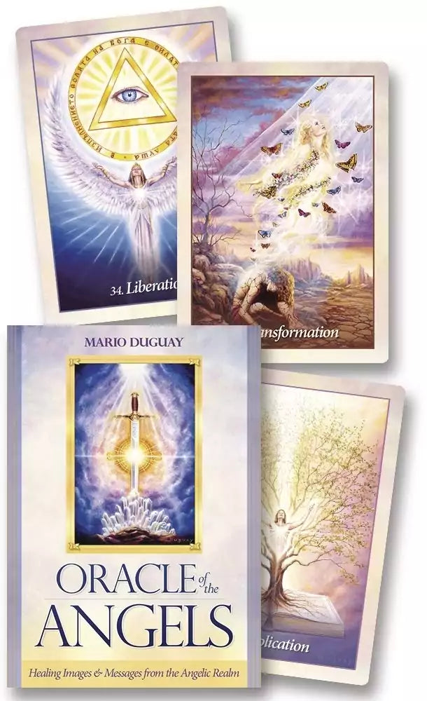 Oracle of the Angels deck cards alongside the guidebook showing spiritual themes including an eye symbol and transformation imagery from Mario Duguay.