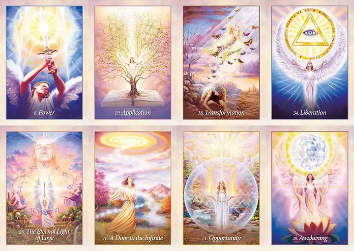 Ten Oracle of the Angels illustrated cards spread out showing ethereal angelic figures, vibrant spiritual colors, and healing and enlightenment symbolism from Mario Duguay.