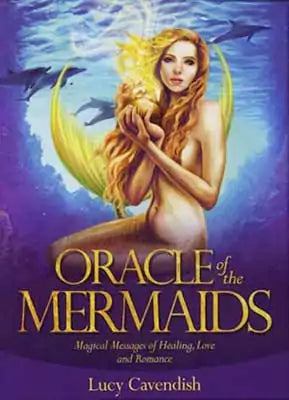Oracle of the Mermaids 45-card deck by Lucy Cavendish showing box and illustrated cards with luminous oceanic mermaid imagery