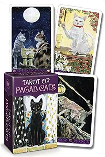 Pagan Cats Mini Tarot deck by Messina and Airaghi — spread of illustrated tarot cards featuring cats in various Wiccan pagan archetypes in compact travel size.