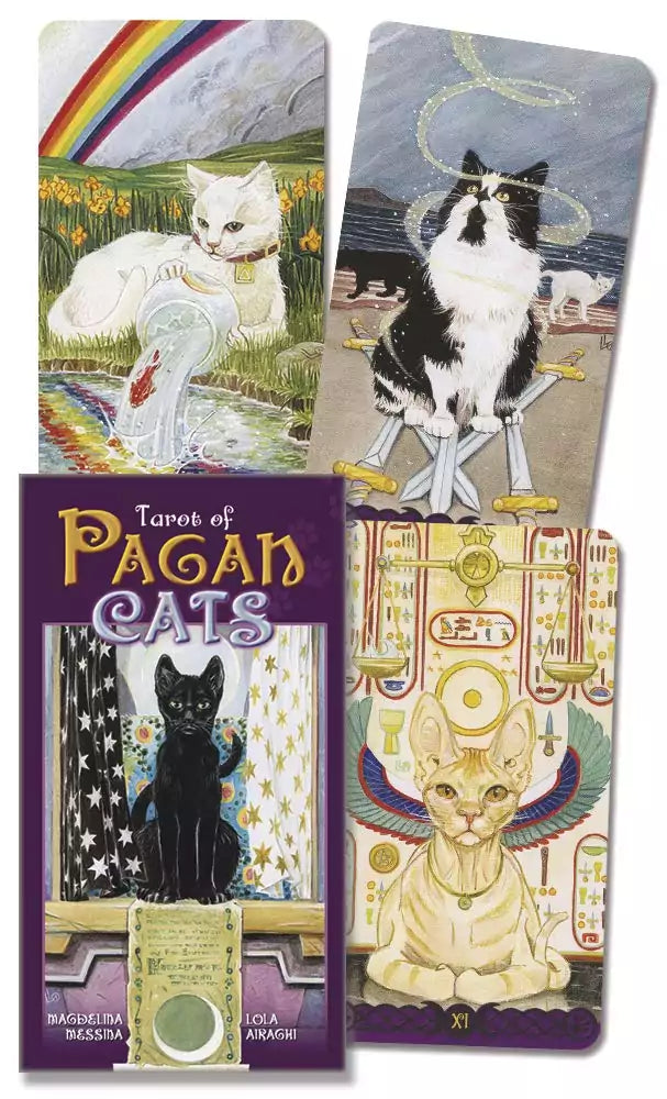 Pagan Cats Tarot deck box and fanned sample cards featuring whimsical illustrated cats in pagan-themed scenes by Messina and Airaghi for Lo Scarabeo.