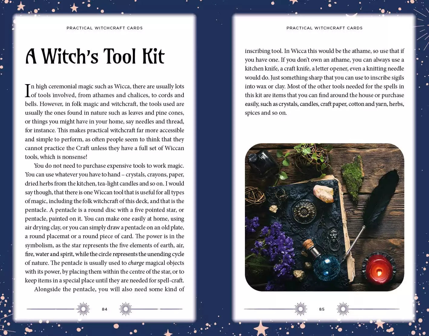 Flat lay of witchcraft tools spread open alongside the Practical Witchcraft book and card set components