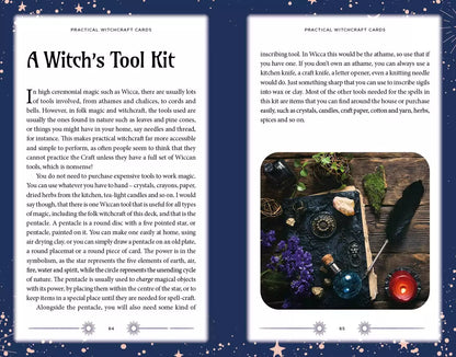 Flat lay of witchcraft tools spread open alongside the Practical Witchcraft book and card set components