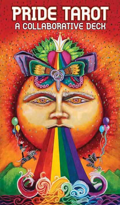Pride Tarot Deck box cover — vibrant sun-face design with rainbow elements and bold text reading &