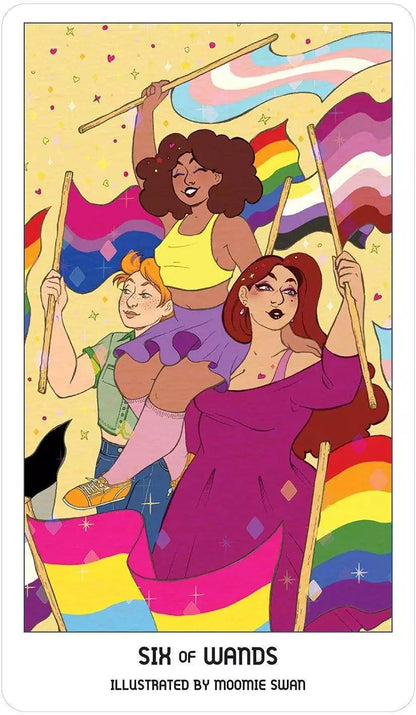 Three diverse women celebrate with pride flags in a joyful composition — embodying empowerment and queer community victory.