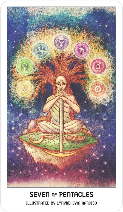 Seven of Pentacles Pride Tarot card — a figure in meditative pose surrounded by symbols of growth and abundance against a vibrant illustrated background.
