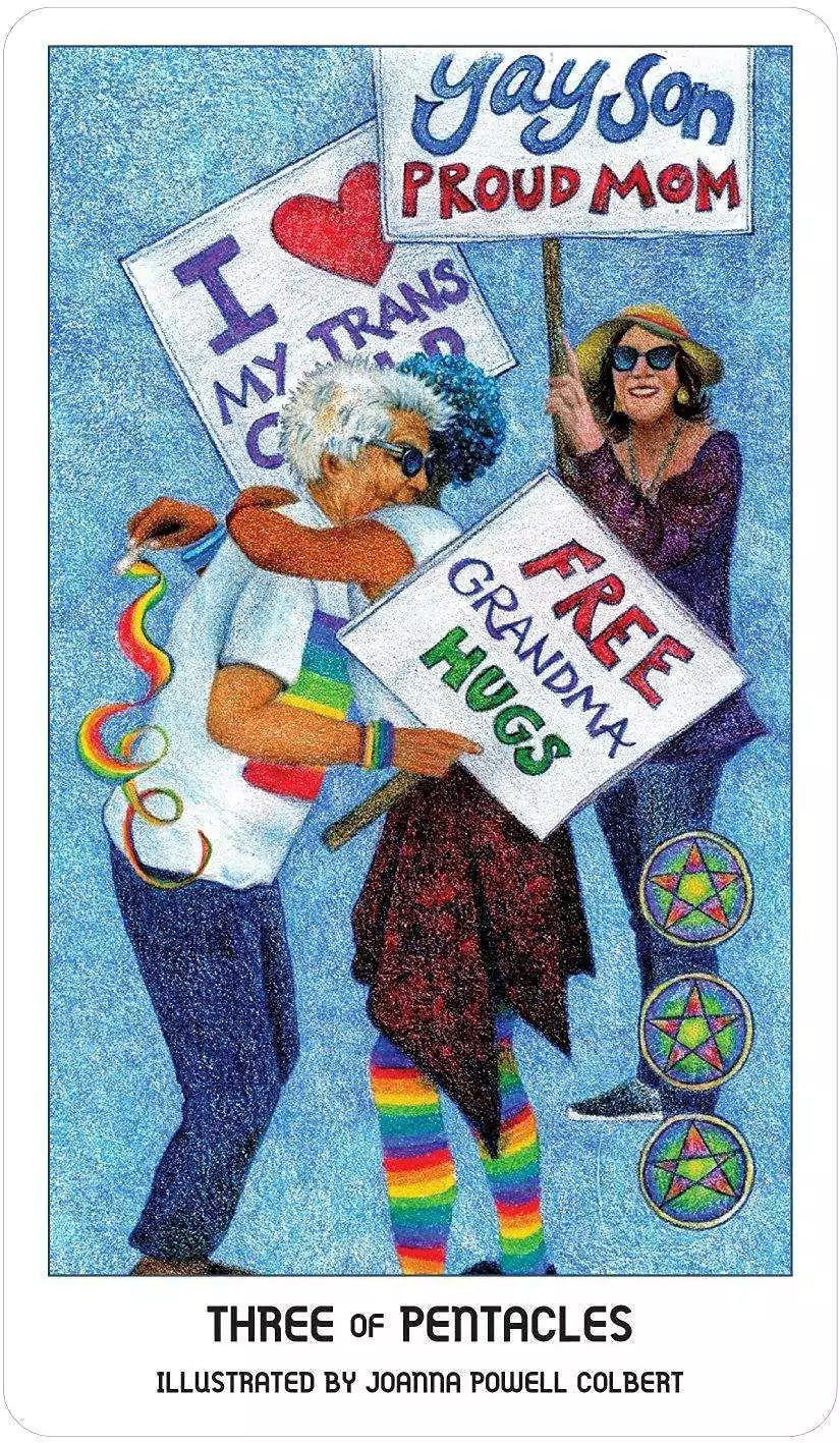 Pride Tarot card featuring two figures holding signs with messages of love and support — celebrating LGBTQ+ identity and community belonging.