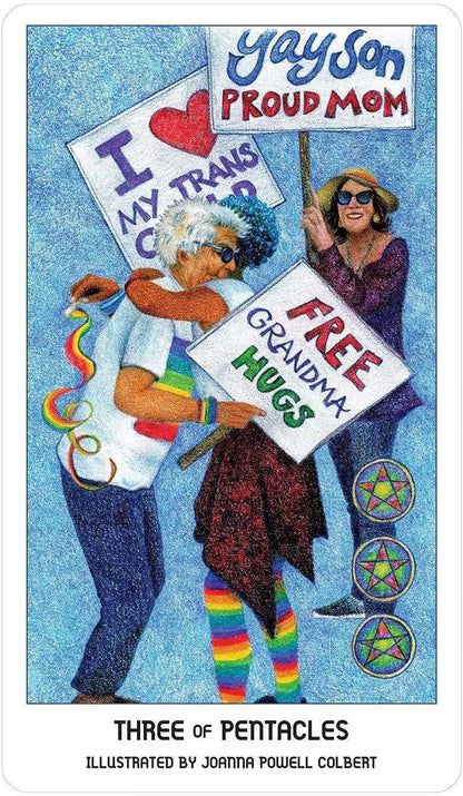 Pride Tarot card featuring two figures holding signs with messages of love and support — celebrating LGBTQ+ identity and community belonging.