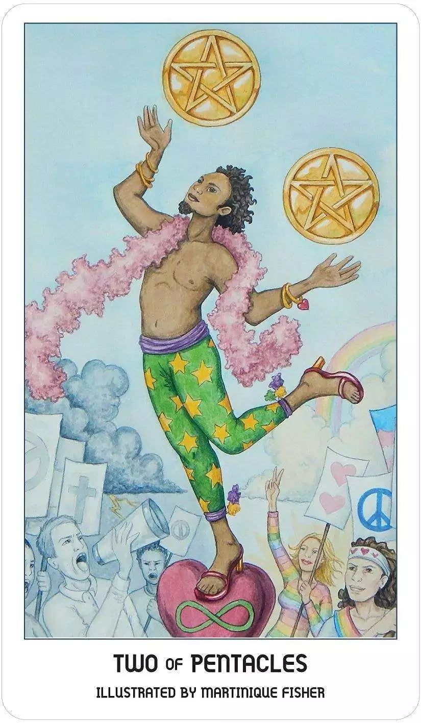 Pride Tarot Two of Pentacles card — figure balancing pentacles on a heart-shaped platform surrounded by a celebrating crowd, symbolizing joyful balance.