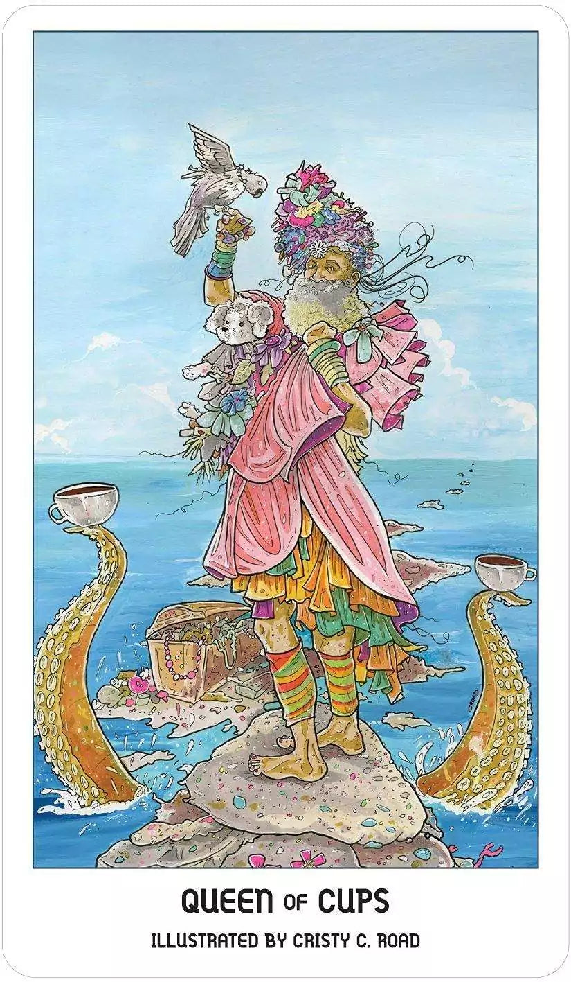 Queen of Cups Pride Tarot card — a regal figure in vibrant colors stands on a rock surrounded by water holding a cup, evoking intuition and emotional depth.