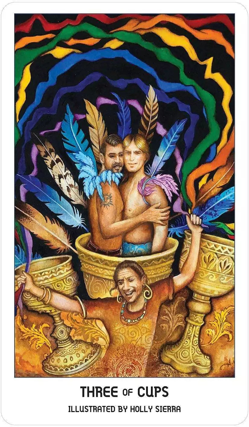 Three of Cups Pride Tarot card — three celebratory figures with colorful feathers and chalices, symbolizing queer friendship and community joy.