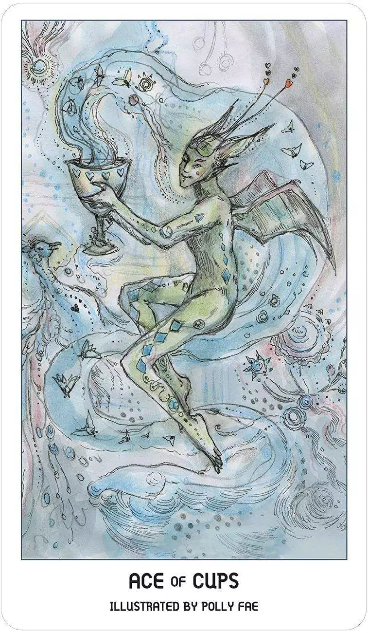 Ace of Cups Pride Tarot card — a fairy-like figure holding a chalice surrounded by swirling rainbow colors, representing new emotional beginnings.
