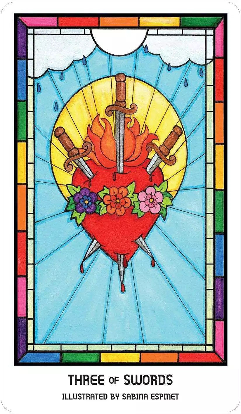 Three of Swords Pride Tarot card — a heart pierced by three swords in stained glass style with vibrant colors symbolizing emotional pain and healing.