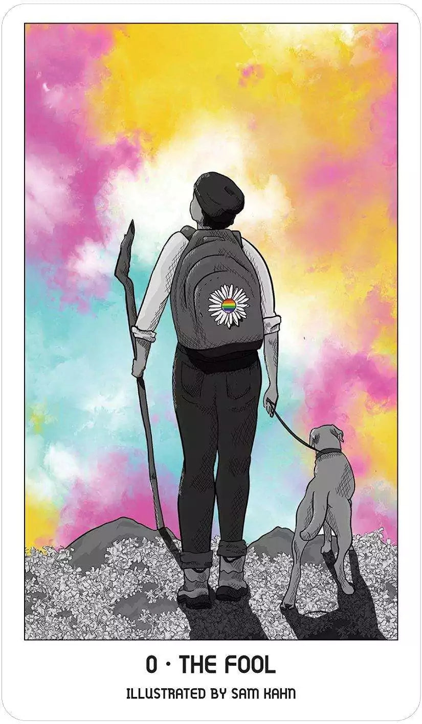 The Fool Pride Tarot card — a figure on a rocky landscape holding a staff gazing at a colorful pink and yellow sky, symbolizing new adventure.