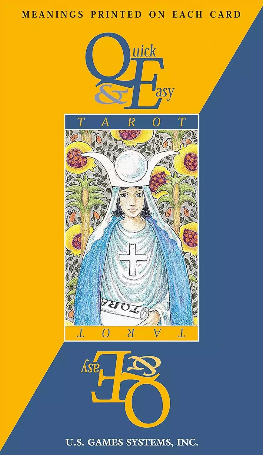 Quick and Easy Tarot Deck box cover — colorful design featuring a robed figure with cross, emphasizing the keyword-on-card beginner-friendly 78-card RWS tarot approach.
