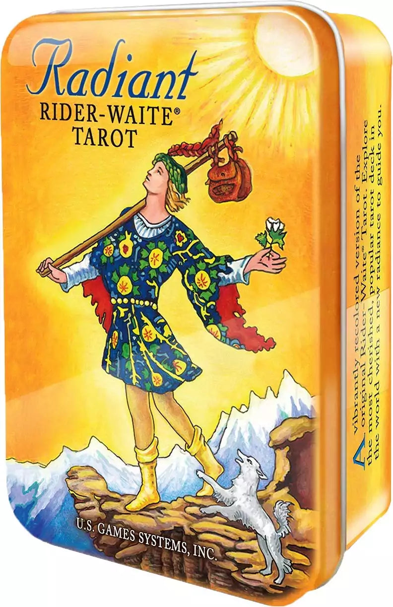 Radiant Rider-Waite Tarot pocket deck collectible tin — vibrant tin featuring the Fool card in jewel-toned Poshkus recoloring for travel tarot readings.