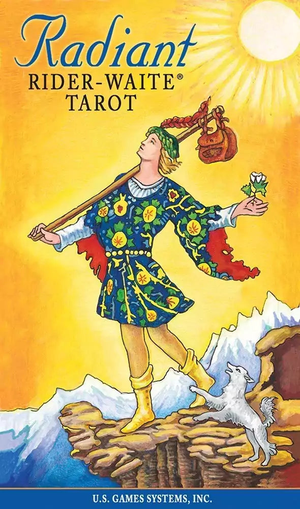 Radiant Rider-Waite Tarot card featuring the Fool in vivid recolored Poshkus art — young figure on cliff edge in bright jewel-toned palette.