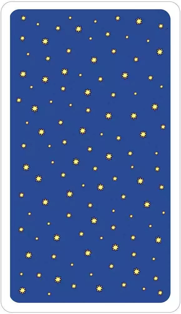 Radiant Rider-Waite Tarot card back design — blue field with yellow stars showing the star-patterned reverse of the Poshkus recolored deck.