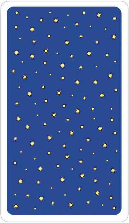 Radiant Rider-Waite Tarot card back design — blue field with yellow stars showing the star-patterned reverse of the Poshkus recolored deck.