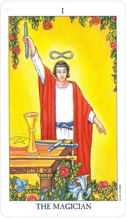 Radiant Rider-Waite Tarot card showing a robed figure raising a wand — vibrant Poshkus recoloring of the familiar Rider-Waite-Smith art.