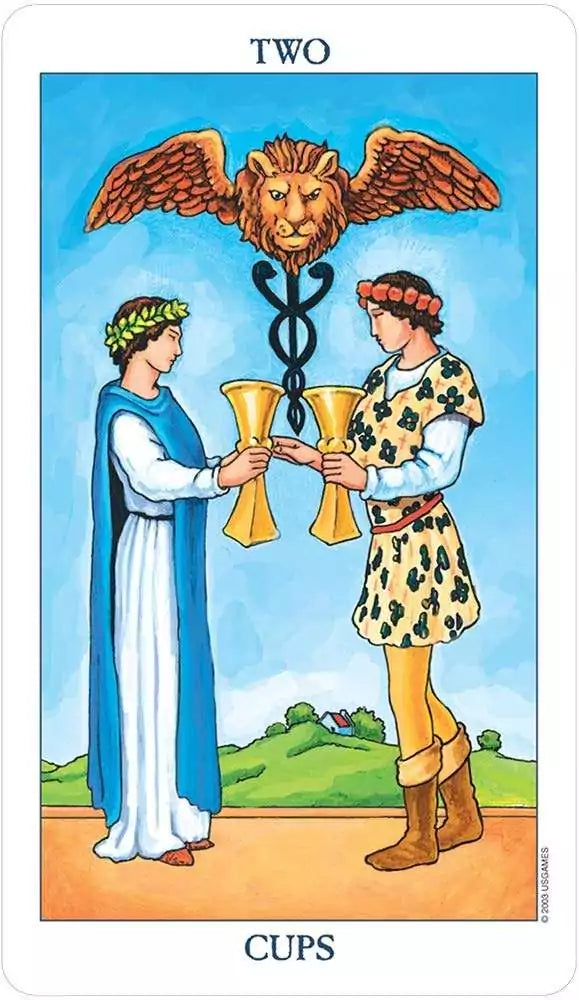Radiant Rider-Waite Tarot card depicting Two of Cups — two figures exchanging chalices in the classic RWS symbolism with bright recolored palette.