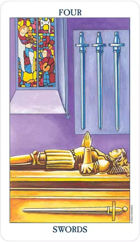 Radiant Rider-Waite Tarot card showing the Four of Swords — knight lying in repose on a stone slab in Poshkus&