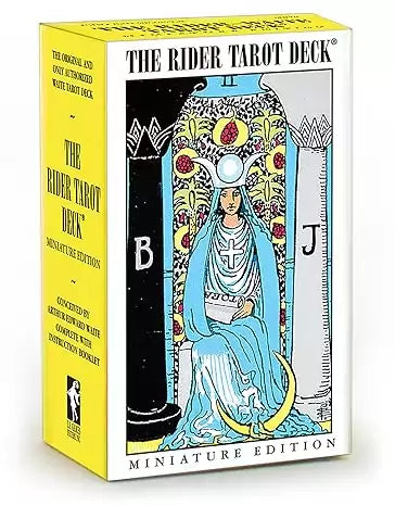 Rider-Waite Mini Tarot Deck box — miniature edition packaging featuring colorful RWS imagery and robed figure design showing the small pocket size of this classic 78-card tarot.