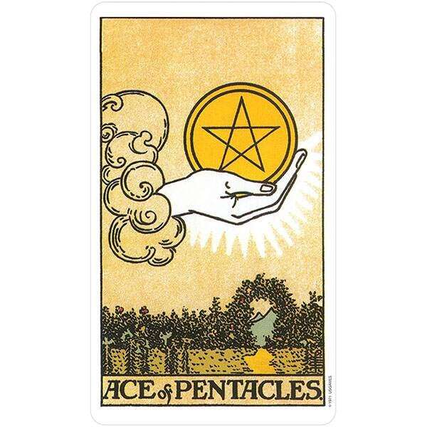 Rider-Waite Tarot Ace of Pentacles card — hand emerging from clouds holding a golden pentacle, from the Original Restored Edition deck.