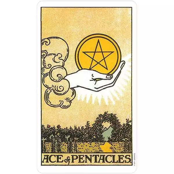 Rider-Waite Tarot Ace of Pentacles card — hand emerging from clouds holding a golden pentacle, from the Original Restored Edition deck.
