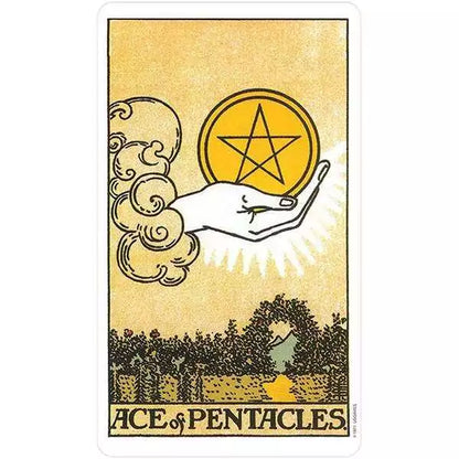Rider-Waite Tarot Ace of Pentacles card — hand emerging from clouds holding a golden pentacle, from the Original Restored Edition deck.