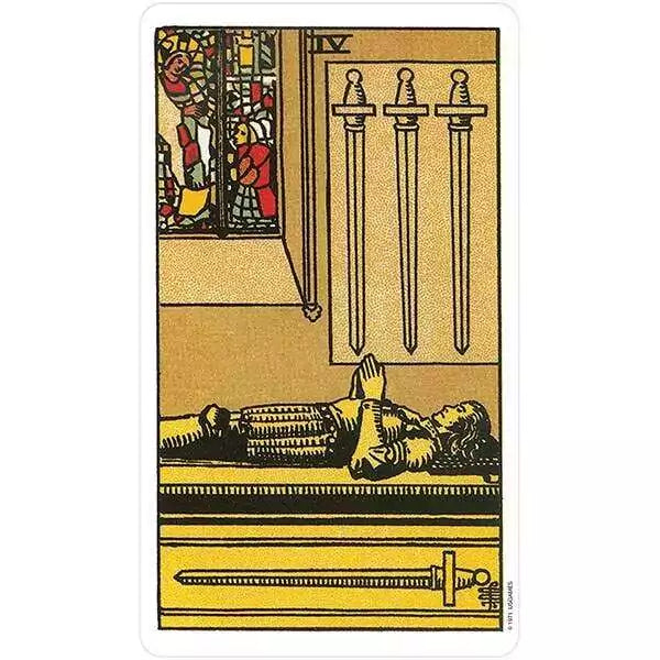 Rider-Waite Tarot 4 of Swords card — knight lying on a stone slab with clasped hands, three swords on the wall, from the Restored Edition.