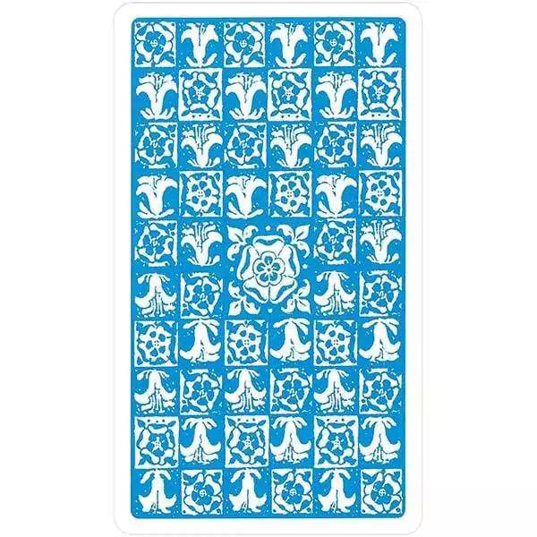 Rider-Waite Tarot card back design — blue patterned card with intricate white Celtic-style grid design, from the Restored Edition deck.