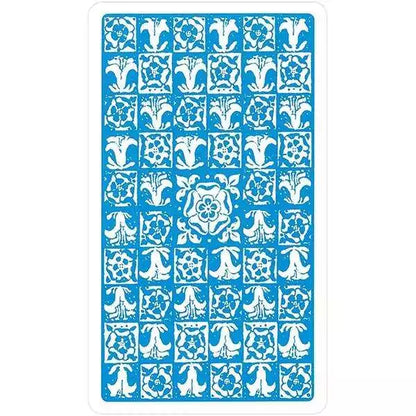 Rider-Waite Tarot card back design — blue patterned card with intricate white Celtic-style grid design, from the Restored Edition deck.