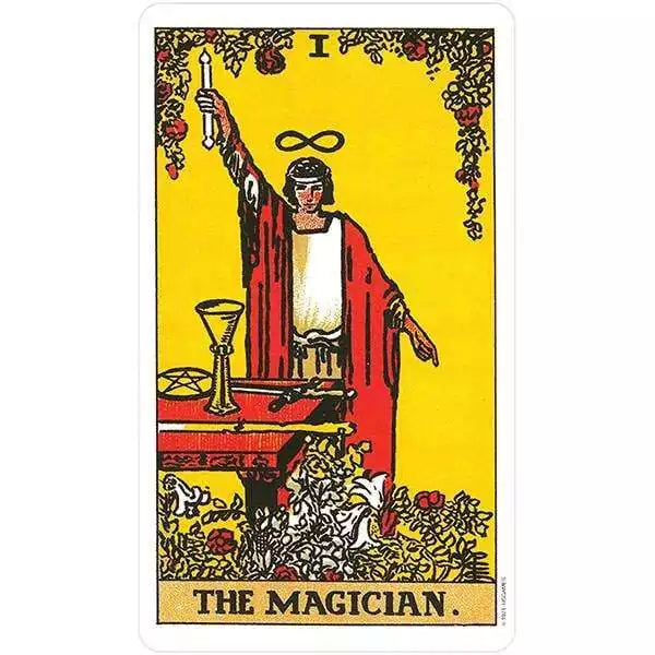 Rider-Waite Tarot Magician card — robed figure raises a wand above a table with ritual tools, from the Original Restored Edition tarot deck.