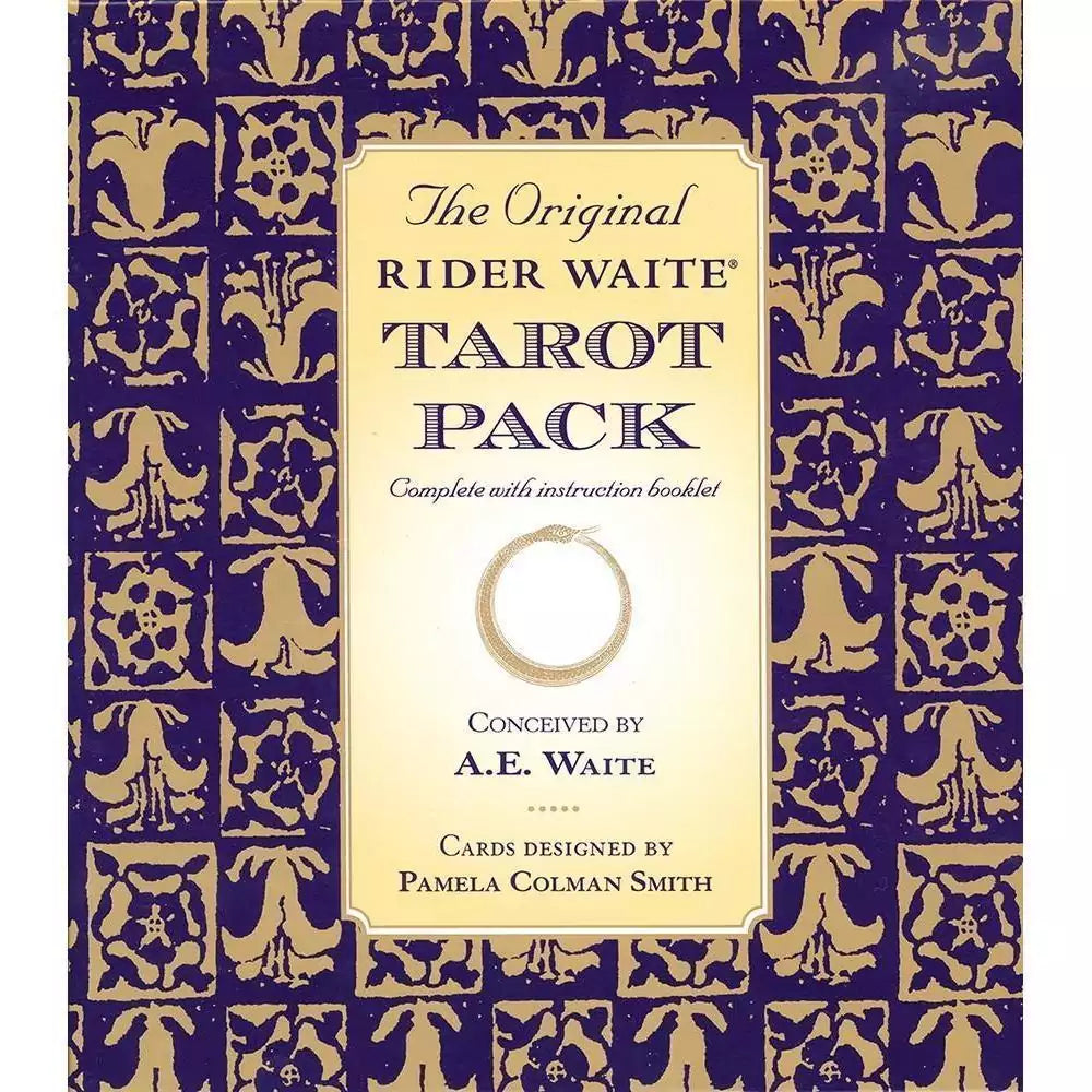 Original Rider-Waite Tarot Deck Restored Edition box — ornate purple and gold packaging featuring the classic Pamela Colman Smith deck design.
